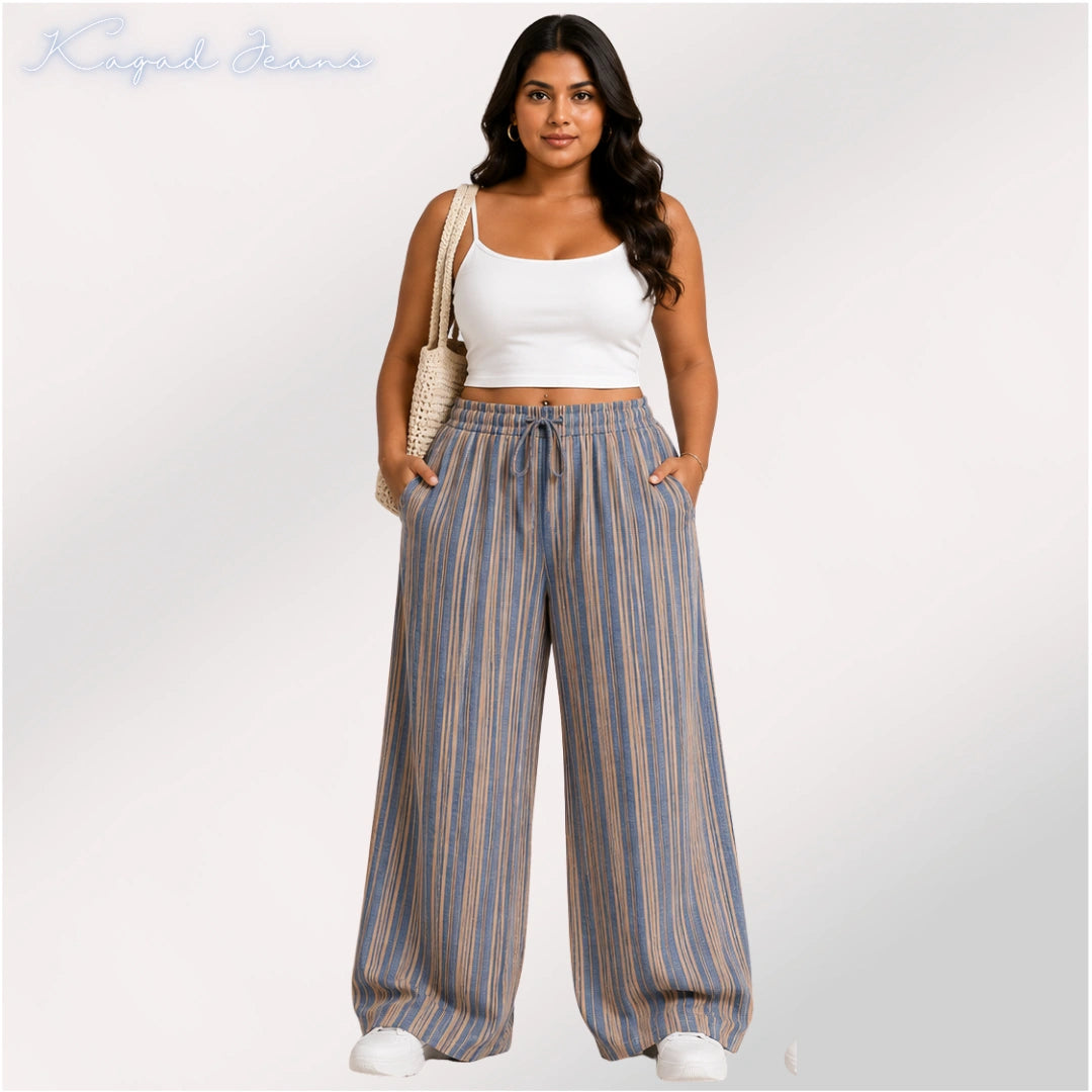 Womens striped elasticated High Rise waist loose straight fit Palazo ZVL-404087