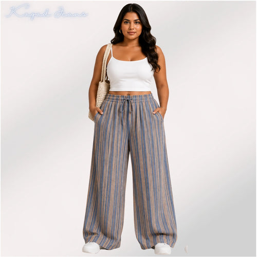 Womens striped elasticated High Rise waist loose straight fit Palazo ZVL-404087