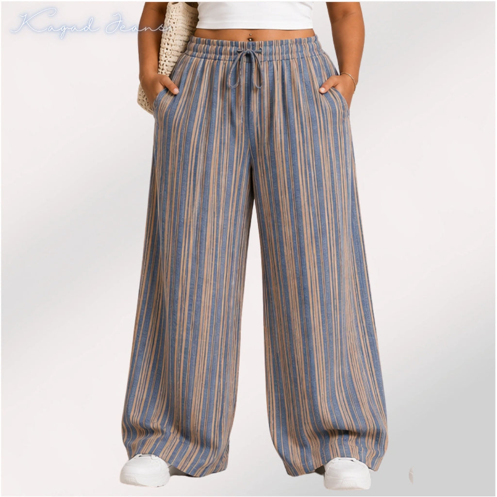 Womens striped elasticated High Rise waist loose straight fit Palazo ZVL-404087